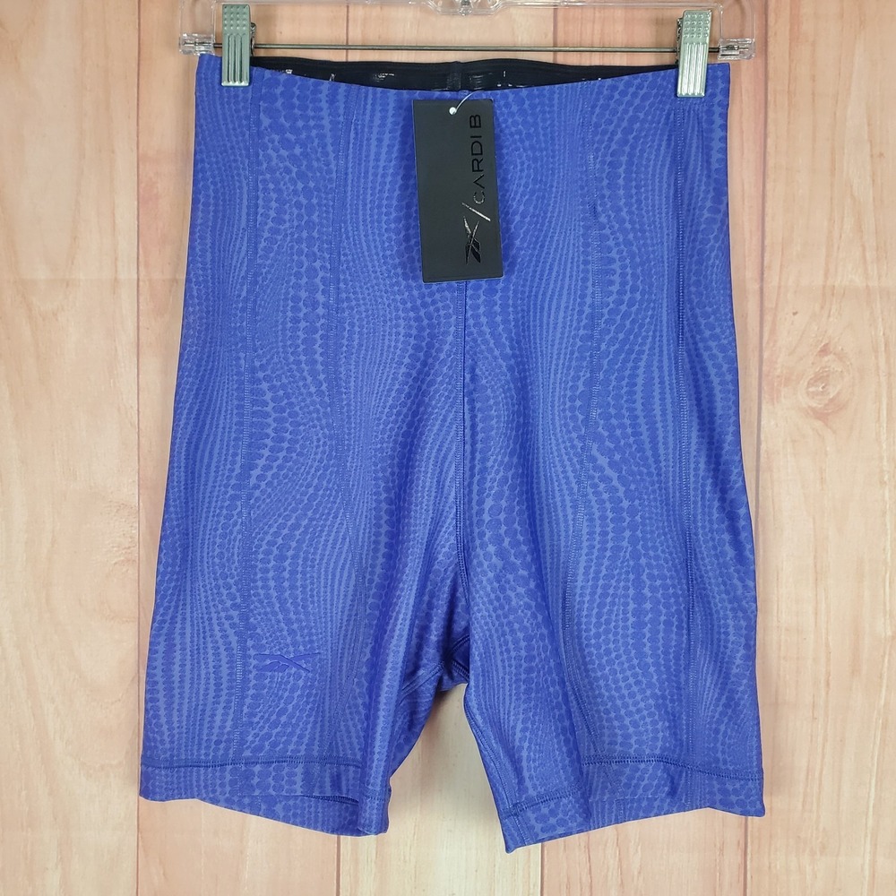 Reebok X Cardi B Legging Shorts Womens Medium Purple Abstract Print Logo Stretch